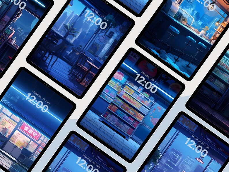 Pode incluir: Uma cole&ccedil;&atilde;o de pap&eacute;is de parede digitais para telefone que apresentam v&aacute;rias cenas de uma cidade &agrave; noite. Cada papel de parede tem uma combina&ccedil;&atilde;o de cores azul e branco e mostra a hora como 12:00. O texto nos pap&eacute;is de parede diz "Segunda-feira, 23 de julho".