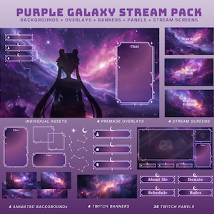 purple twitch overlay animated vtuber background galaxy purple cloud twitch overlay purple twitch banner purple stream package animated