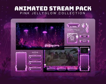 pink underwater twitch overlay glowing jellyfish stream screens animated pink stream package for streamers and vtubers ocean twitch pack obs