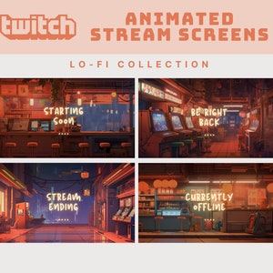 Puede incluir: Cuatro pantallas de transmisión de Twitch animadas con una estética retro, de neón y pixelada. Las pantallas muestran el texto "Starting Soon", "Be Right Back", "Stream Ending" y "Currently Offline".