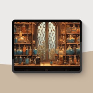 May include: A digital illustration of a tablet displaying a vintage apothecary scene. The image features shelves filled with glass bottles and jars of various shapes and sizes, filled with colorful liquids. A window with a diamond pattern is in the background.