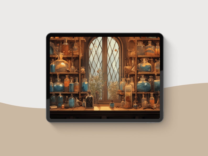 May include: A digital illustration of a tablet displaying a vintage apothecary scene. The image features shelves filled with glass bottles and jars of various shapes and sizes, filled with colorful liquids. A window with a diamond pattern is in the background.