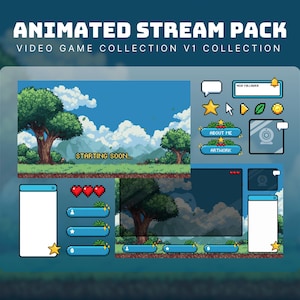 May include: Animated stream pack with a video game theme. The design includes pixelated graphics of a landscape with trees, clouds, and a blue sky. The pack includes elements like a webcam frame, follower alert, and buttons with text.