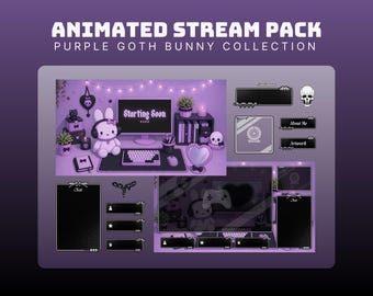 purple twitch package cozy goth stream overlay bunny twitch overlay animated halloween overlay for vtubers streamers purple starting soon