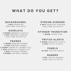 May include: A graphic with the text "WHAT DO YOU GET?" lists digital assets for streaming. Includes animated backgrounds, overlays, frames, stream screens, stinger transition, Twitch alerts, panels, and a banner. All assets are listed with their file types and dimensions.