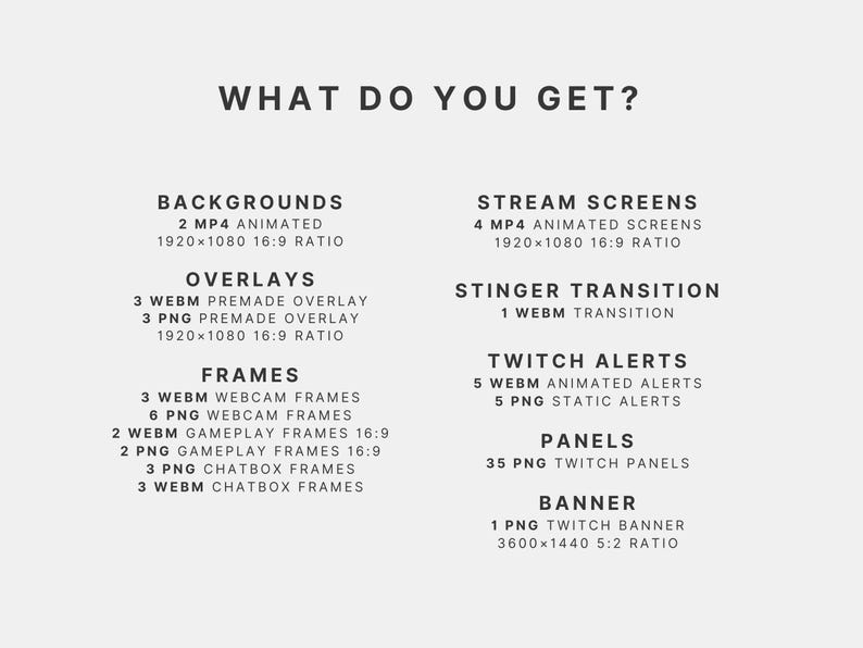 May include: A graphic with the text "WHAT DO YOU GET?" lists digital assets for streaming. Includes animated backgrounds, overlays, frames, stream screens, stinger transition, Twitch alerts, panels, and a banner. All assets are listed with their file types and dimensions.