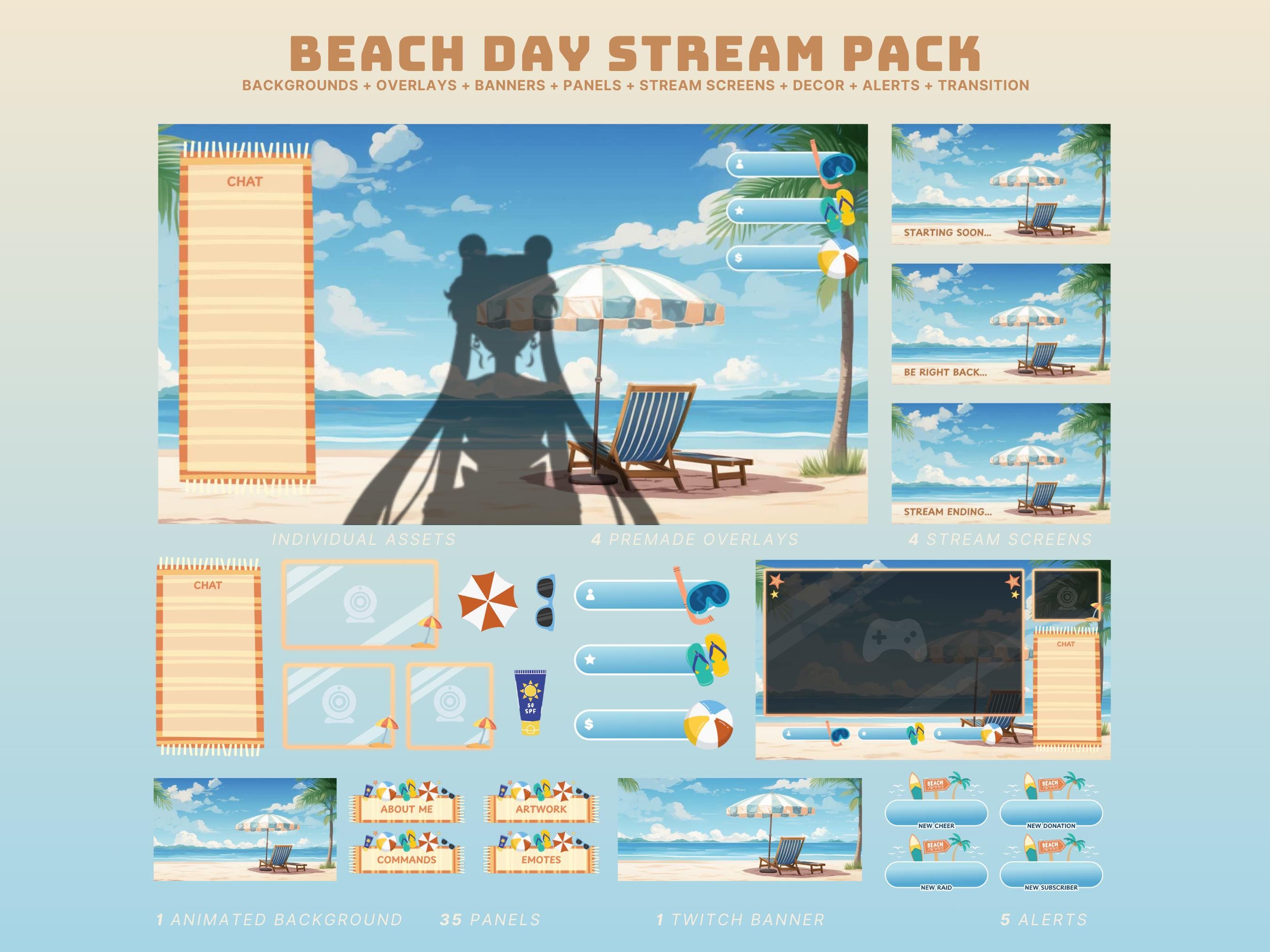 cozy beach stream pack summer twitch package animated beach vtuber background beach overlay summer stream package animated stream screens
