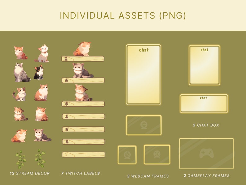 May include: A set of digital assets for Twitch streamers, including 12 cat illustrations, 7 Twitch labels, 3 chat boxes, 3 webcam frames, and 2 gameplay frames. The assets are in a cartoon style and feature a light brown and yellow color scheme.