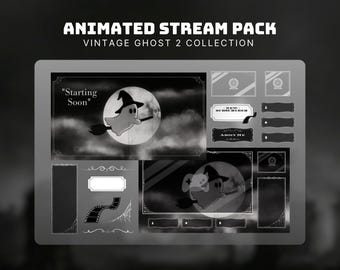Paquete de transmisión de brujas, fantasma de Halloween, superposición de Twitch, pantallas de transmisión retro, aguijón de fantasma animado, superposición en blanco y negro para transmisión VHS