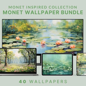 Pode incluir: Uma coleção de 40 papéis de parede digitais inspirados na arte de Claude Monet. As imagens apresentam lírios d'água, um caminho na floresta e uma ponte sobre um lago. Os papéis de parede estão disponíveis em vários tamanhos para diferentes dispositivos, incluindo desktop, laptop, tablet e telefone.