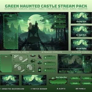 Könnte beinhalten: Ein digitales Kunstpaket mit einem grünen Geisterschloss-Thema. Das Paket enthält Hintergründe, Overlays, Banner, Panels, Stream-Bildschirme, Dekorationen, Benachrichtigungen und Übergänge. Der Text auf dem Bild lautet "Green Haunted Castle Stream Pack".