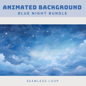 May include: A seamless loop animation of a blue night sky with white clouds and twinkling stars. The clouds move slowly across the sky, creating a peaceful and relaxing atmosphere.