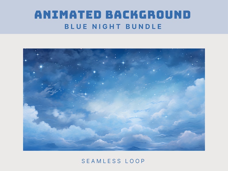 May include: A seamless loop animation of a blue night sky with white clouds and twinkling stars. The clouds move slowly across the sky, creating a peaceful and relaxing atmosphere.