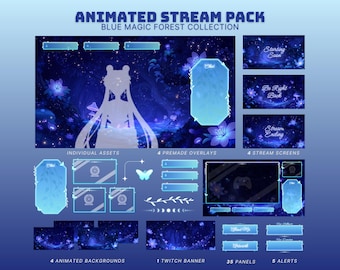 Cozy Fantasy Stream Screens Blue Enchanted Forest Vtuber Stream Package Animated Twitch Overlay Fairy Vtuber Overlay Butterfly Stinger OBS
