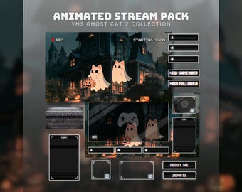 Paquete de transmisión retro VHS con superposición de gato de Halloween para Twitch, pantallas de transmisión animadas de gato retro para streamers y vtubers.