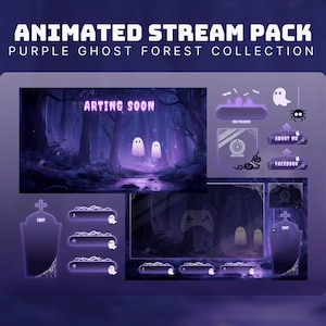 May include: Animated stream pack with a purple ghost forest theme. The design includes a forest scene with glowing ghosts, and various overlay elements such as a webcam frame, social media buttons, and a "Starting Soon" screen.