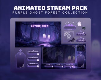 purple halloween stream package animated ghost overlay twitch cozy forest stream overlay purple vtuber background for halloween twitch obs