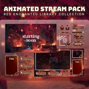 Könnte beinhalten: Animiertes Stream-Paket mit rotem, verzaubertem Bibliotheksthema. Das Design beinhaltet eine Bibliotheksszene mit dem Text "starting soon". Zusätzliche Elemente sind Chat-Boxen, Profilsymbole und dekorative Flaschen.