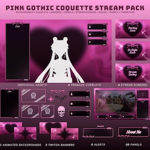 May include: Pink Gothic Coquette Stream Pack with backgrounds, overlays, banners, panels, stream screens, decor, alerts, and transitions. Includes animated backgrounds, Twitch banners, alerts, and panels. Features a silhouette of a character.