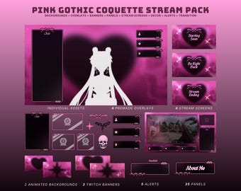 cute cyber goth twitch package animated heart twitch overlay coquette pink stream package y2k gothic overlay for valentines pink goth obs