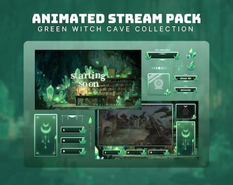 green stream pack witch twitch overlay animated cozy twitch package for streamers and vtubers green stream screens wizard cave animated obs