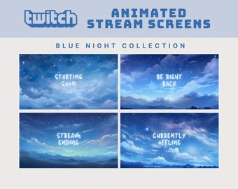 Blauw geanimeerd streamscherm blauwe lucht twitch streamscherm blauwe overlay blauwe anime stream-overlay geanimeerde achtergrond blauwe nacht-overlay