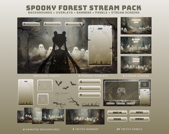 Könnte beinhalten: Ein Spooky Forest Stream Pack für Twitch-Streamer. Das Pack enthält animierte Hintergründe, Overlays, Banner, Panels und Stream-Bildschirme. Das Design zeigt einen dunklen Wald mit einem Bach, Geistern und einer Silhouette einer Person. Der Text "Spooky Forest Stream Pack" befindet sich oben im Bild.