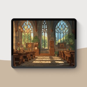 May include: Digital art print of a cathedral interior. The artwork features wooden pews, arched windows, and a clock. The color palette includes shades of brown, gray, and green, creating a warm and inviting atmosphere. The image is displayed on a tablet.