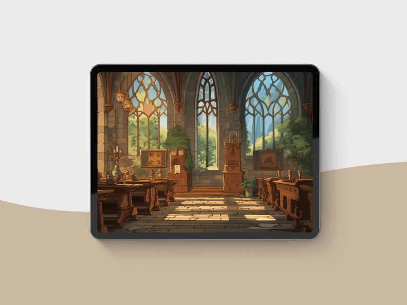 May include: Digital art print of a cathedral interior. The artwork features wooden pews, arched windows, and a clock. The color palette includes shades of brown, gray, and green, creating a warm and inviting atmosphere. The image is displayed on a tablet.