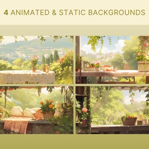 May include: Four digital illustrations of outdoor scenes with a table and chairs. The scenes are set in a garden with lush greenery, flowers, and a view of a distant town. The first scene features a table with a white tablecloth and a vase of flowers. The second scene features a table with a bowl of fruit and a glass of juice. The third scene features a table with a blanket and pillows. The fourth scene features a table with a basket of fruit and a bottle of juice.
