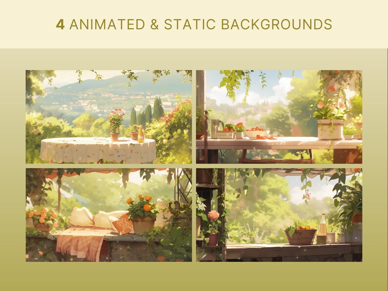 May include: Four digital illustrations of outdoor scenes with a table and chairs. The scenes are set in a garden with lush greenery, flowers, and a view of a distant town. The first scene features a table with a white tablecloth and a vase of flowers. The second scene features a table with a bowl of fruit and a glass of juice. The third scene features a table with a blanket and pillows. The fourth scene features a table with a basket of fruit and a bottle of juice.