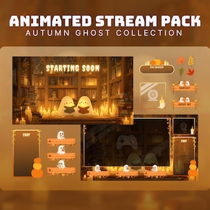 Op de afbeelding: Geanimeerd stream pack met een herfstgeestthema. Het ontwerp bevat een bibliotheekscène met geesten, pompoenen en herfstbladeren. De tekst "Starting Soon" wordt weergegeven, samen met andere streamelementen.