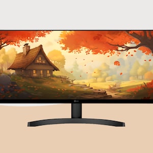 May include: A black curved monitor with a thin bezel displaying a digital illustration of a small cottage in a forest setting with autumn leaves falling from the trees.
