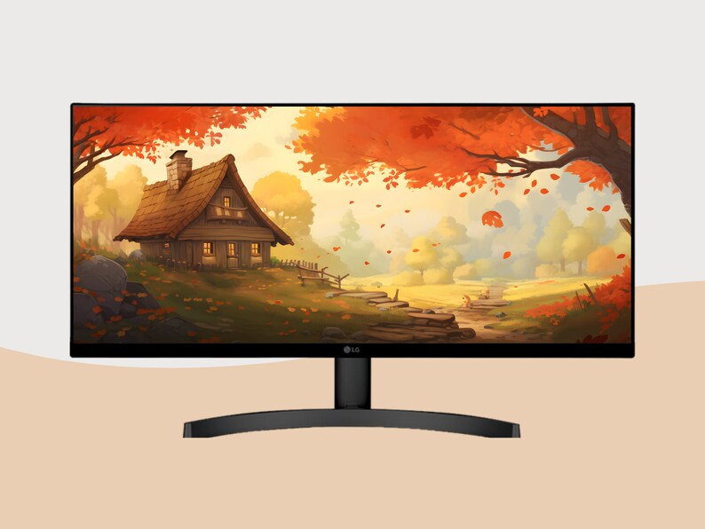 May include: A black curved monitor with a thin bezel displaying a digital illustration of a small cottage in a forest setting with autumn leaves falling from the trees.