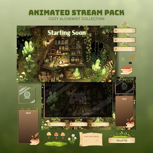 Może przedstawiać: Animowany pakiet do streamowania "ANIMATED STREAM PACK COZY ALCHEMIST COLLECTION" z nakładką o tematyce leśnej, kryształami, grzybami i butelkami z miksturami. Zawiera ekran "Starting Soon", okna czatu, ramki na kamerę i przyciski.