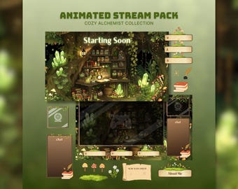 cozy vtuber stream package cottagecore twitch overlay animated forest background green stream screens witch twitch dark academia overlay obs