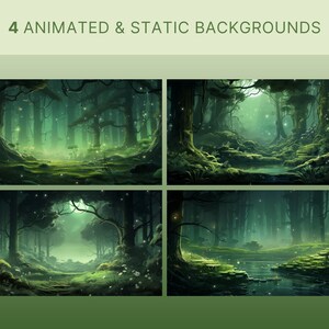 May include: Four animated and static backgrounds featuring a dark green forest with glowing lights and a moonlit path. The backgrounds are ideal for creating a magical and enchanting atmosphere.
