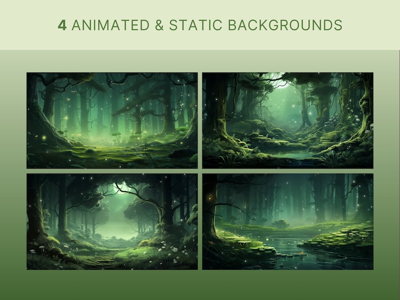 May include: Four animated and static backgrounds featuring a dark green forest with glowing lights and a moonlit path. The backgrounds are ideal for creating a magical and enchanting atmosphere.