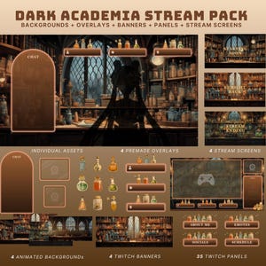 Op de afbeelding: Een digitaal downloadpakket met Twitch-streamoverlays en -panelen met een dark academia-thema. Het pakket bevat geanimeerde achtergronden, vooraf gemaakte overlays, Twitch-banners en Twitch-panelen. De afbeeldingen tonen een bibliotheekinstelling met boekenplanken, drankjes en een raam.