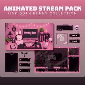 Può includere: Un pacchetto streaming animato intitolato Pink Goth Bunny Collection con overlay digitali rosa e neri. Include una schermata di avvio con un peluche a forma di coniglio, computer, accessori da scrivania, finestre di chat e pulsanti.
