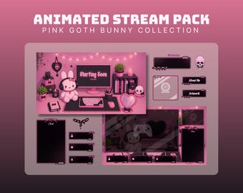 pink animated stream screen cute bunny twitch overlay halloween goth stream pack for streamers and vtuber pink stinger cozy bunny twitch obs