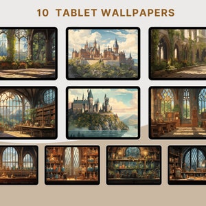 May include: Ten tablet wallpapers featuring fantasy castle and interior scenes. Each wallpaper displays a different digital painting of a castle, library, or interior room with arched windows and detailed architectural elements. The text "10 TABLET WALLPAPERS" is at the top.