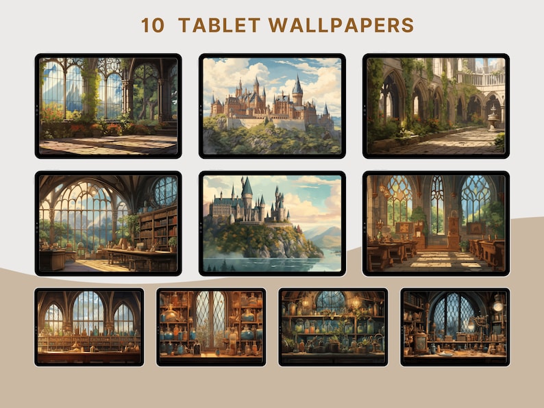 May include: Ten tablet wallpapers featuring fantasy castle and interior scenes. Each wallpaper displays a different digital painting of a castle, library, or interior room with arched windows and detailed architectural elements. The text "10 TABLET WALLPAPERS" is at the top.