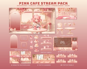May include: Pink cafe themed Twitch stream pack with animated backgrounds, Twitch banners, panels, overlays, and stream screens. The pack includes a pink cafe interior with a pink-haired anime character sitting at a table. The pack also includes a variety of pink and white themed furniture and decor.