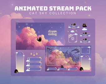 purple cat sky stream pack animated black cat stinger cute twitch overlay for streamers and vtubers purple stream overlay pastel clouds obs