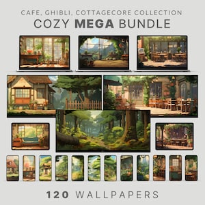 May include: A collection of 120 digital wallpapers featuring cozy cafe, forest, and cottagecore scenes inspired by Studio Ghibli films. The wallpapers are displayed on various devices, including laptops, tablets, and smartphones.