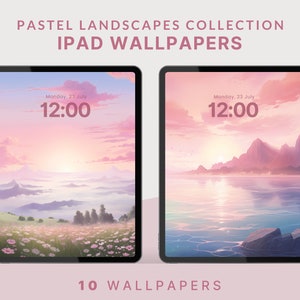 Könnte beinhalten: Zwei iPad-Bildschirme, die pastellfarbene Landschaftshintergründe anzeigen. Der linke Bildschirm zeigt einen rosa und violetten Sonnenuntergang über einem Blumenfeld. Der rechte Bildschirm zeigt einen rosa und blauen Sonnenuntergang über einem See mit Bergen im Hintergrund. Der Text "Montag, 23. Juli 12:00" wird auf beiden Bildschirmen angezeigt. Der Text "10 WALLPAPERS" wird unter den Bildschirmen angezeigt.