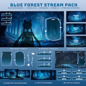 Könnte beinhalten: Ein digitales Kunstpaket namens "Blue Forest Stream Pack" mit Hintergründen, Overlays, Bannern, Panels und Stream-Bildschirmen. Das Design zeigt ein blaues Waldthema mit Schmetterlingen und den Texten "CHAT", "STARTING SOON", "BE RIGHT BACK" und "STREAM ENDING".