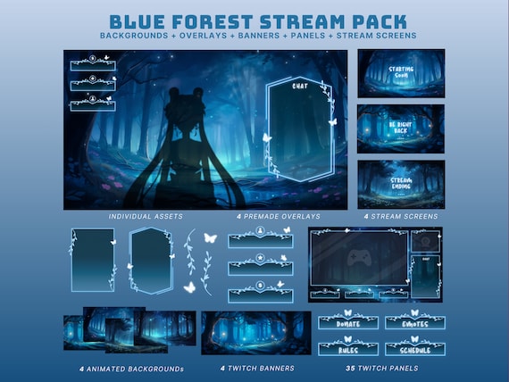 cozy twitch overlay blue stream package animated vtuber background forest twitch overlay blue twitch banner blue stream screens animated