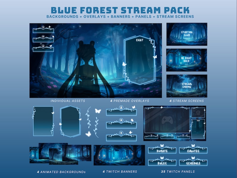 以下が含まれることがあります： 「Blue Forest Stream Pack」というタイトルのデジタルアートパック。背景、オーバーレイ、バナー、パネル、ストリームスクリーンが含まれています。デザインは、蝶と「CHAT」、「STARTING SOON」、「BE RIGHT BACK」、「STREAM ENDING」のテキストが特徴の青い森をテーマにしています。